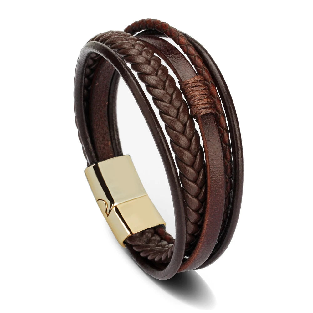 Herren Lederarmband mit Edelstahl & geflochtenem Design – Mehrlagiges Vintage Armband 21 cm für stilbewusste Männer