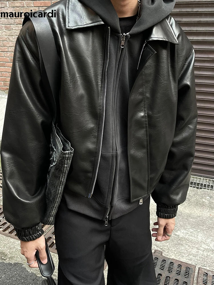 Herren PU-Lederjacke Oversized – Kurze schwarze Designer Jacke mit Reißverschluss, American Vintage Style für Frühling & Herbst