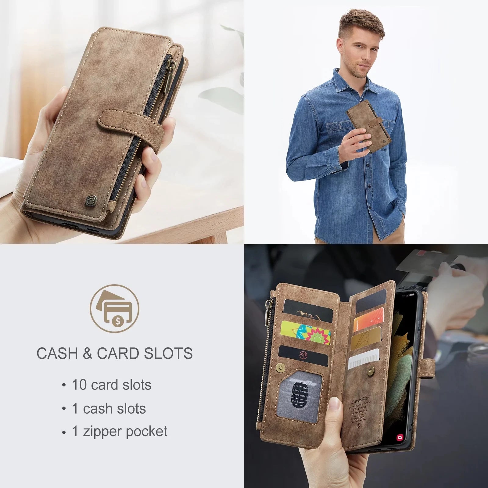 Flip Leder Handyhülle für Samsung Galaxy – Wallet Case mit Reißverschluss, Kartenfächern & Magnetverschluss