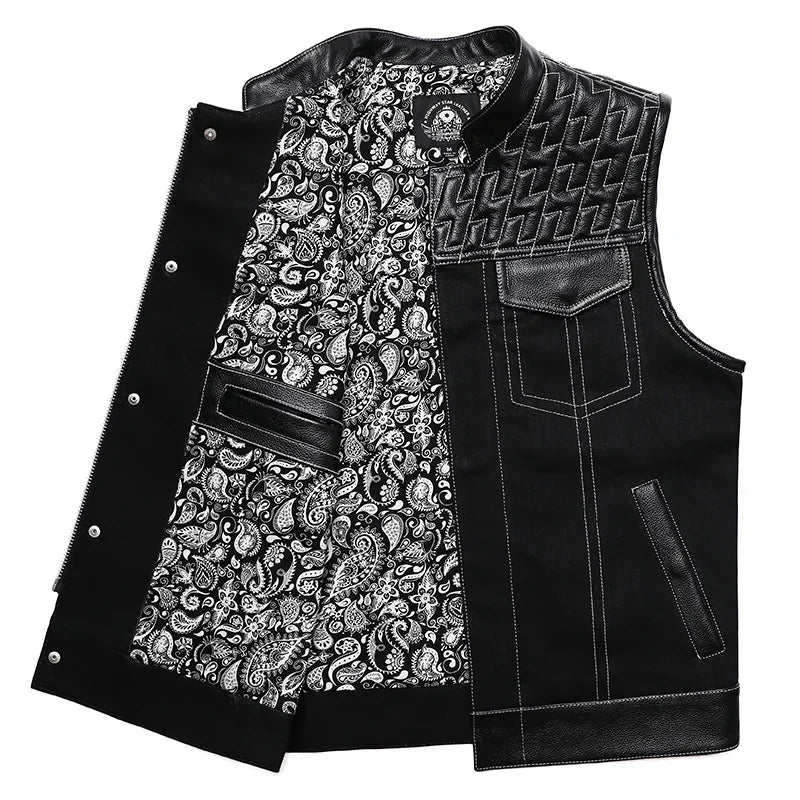 SOA Club Style Herren Biker Weste – Slim Fit Motorrad Weste mit Denim-Patchwork & Stickerei, Ärmellose Sons of Anarchy Style Waistcoat