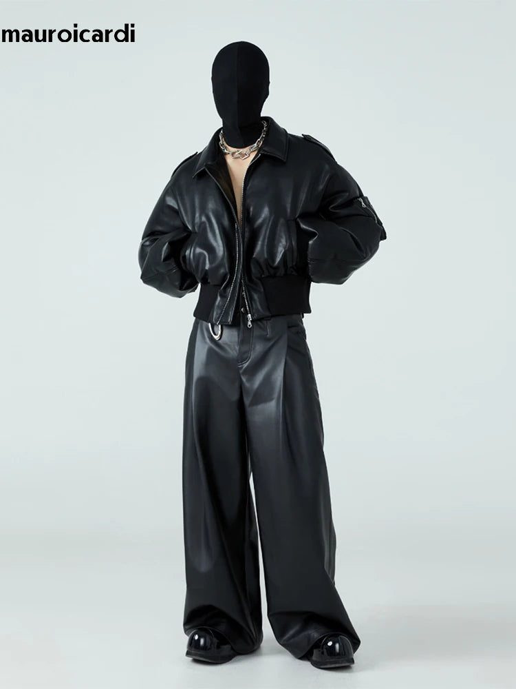 Mauroicardi Herren PU Lederjacke Schwarz – Kurze, Warme Designerjacke mit Baumwollfutter &amp; Reißverschluss für Herbst &amp; Winter