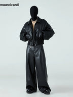 Mauroicardi Herren PU Lederjacke Schwarz – Kurze, Warme Designerjacke mit Baumwollfutter &amp; Reißverschluss für Herbst &amp; Winter