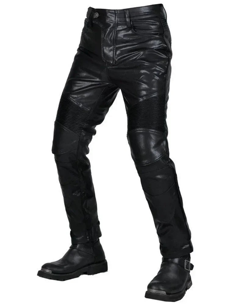 Herren Moto PU Lederhose Schwarz Matt – Biker-Hose mit Knieschutz, elastische Kunstlederhose für Outdoor, Offroad & Alltag (2XS–5XL)