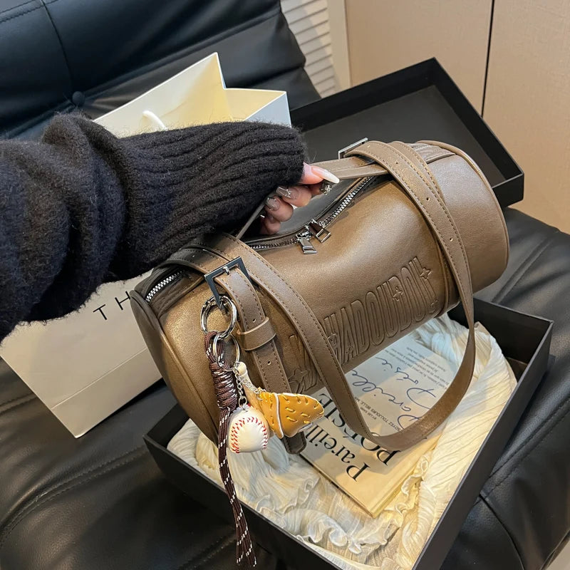 Moods Boutique Damen Zylinder-Schultertasche – Multifunktionale Luxus-Handtasche 2024 mit Anhänger