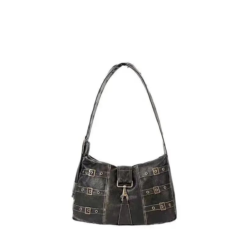 American Retro Punk Sac à main en cuir PU – Grand sac à main et sac fourre-tout pour femme, sac de banlieue à bouton métallique 