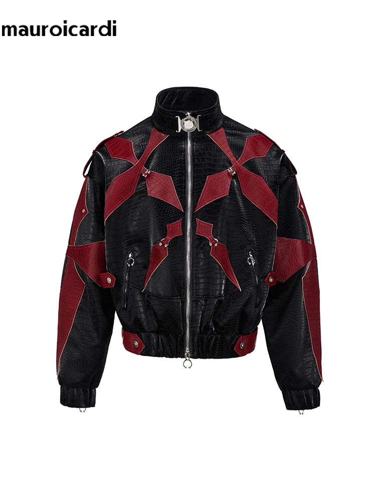 Herren PU-Lederjacke mit Krokodil-Prägung – Kurz geschnittene Designer Jacke im Colorblock Look, Luxury High Street Style für Frühling &amp; Herbst