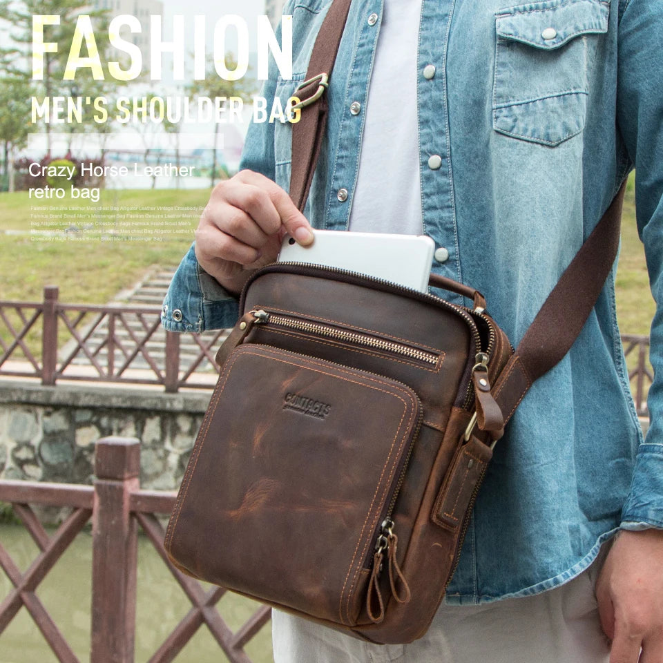 Crazy Horse Leder Herren Schultertasche de Contact - Bolso bandolera y bandolera vintage