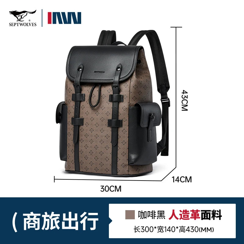 SEPTWOLVES Business Leder Rucksack Herren – Sac à dos design pour ordinateur portable avec monogramme, cordon et fermeture éclair