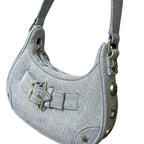 Damen Y2K Vintage Schultertasche – Retro Denim Hobos Bag mit Stern-Design, Zipper & Solider Farbe