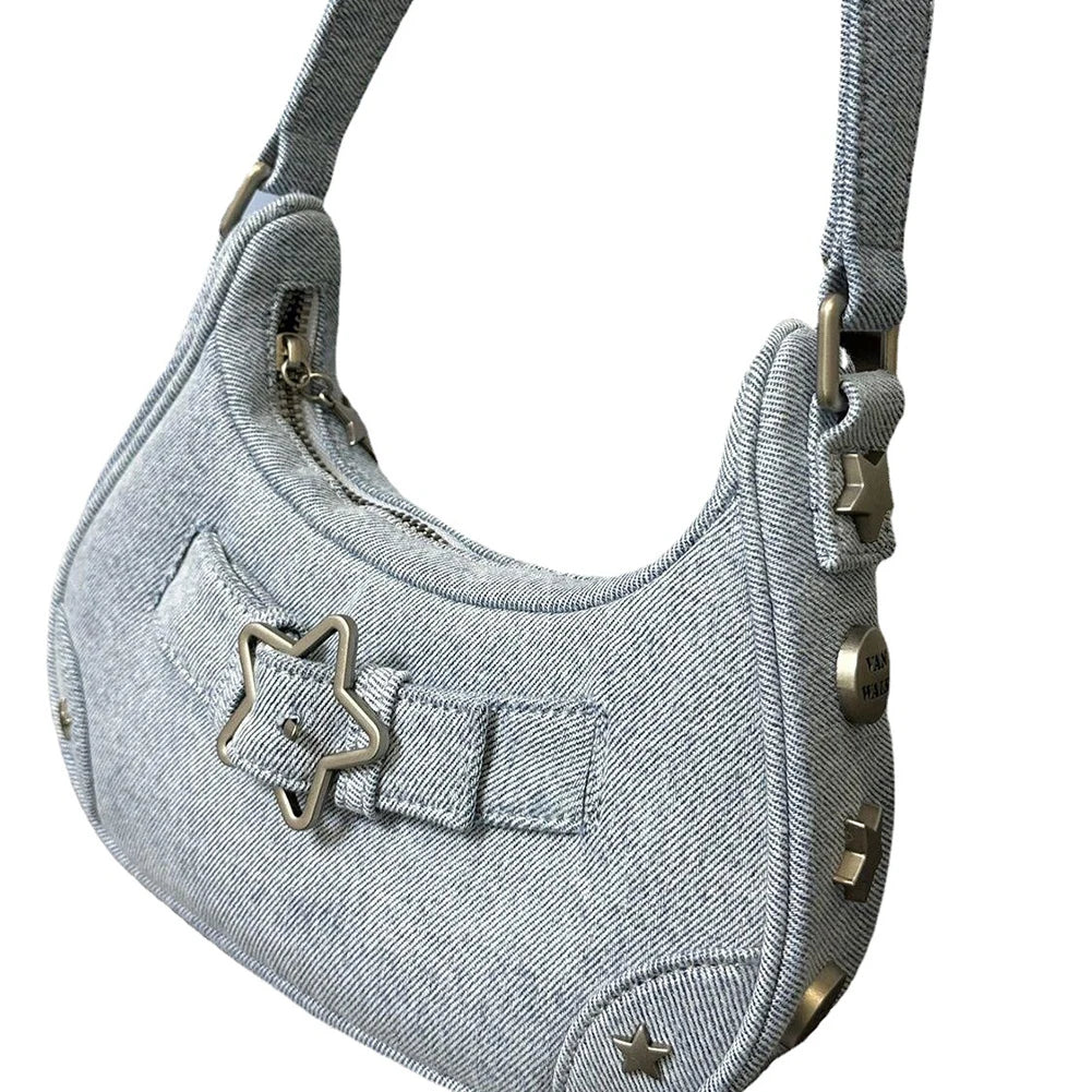 Sac à bandoulière vintage Y2K pour femme – Sac hobo en denim rétro avec design arrière, fermeture éclair et couleur unie