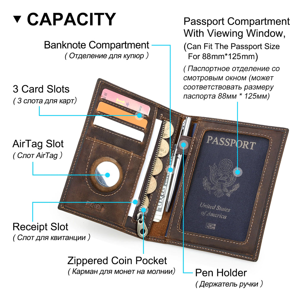 CONTACT’S Echtleder Reise-Geldbörse – Passport Wallet mit Kartenfächern, Münzfach und AirTag-Slot für Männer & Frauen
