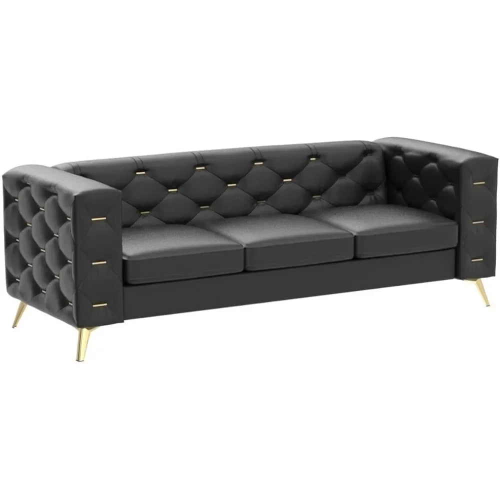 Mid-Century Chesterfield Sofa aus Kunstleder – Moderner 3-Sitzer Ledersofa mit gepolsterten Sitzkissen & stabilem Holzrahmen