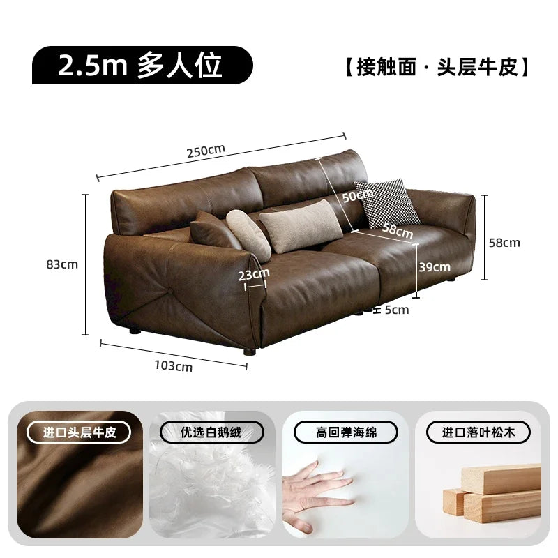 Luxuriöses Designer-Ledersofa im chinois-modernen Stil – Geschwungenes Wohnzimmer-Sofa aus Rindsleder, komfortables Relax-Canap for stilvolles Wohnen
