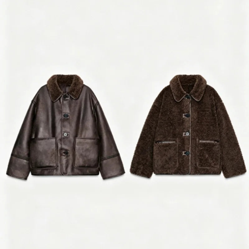 Reversible Damen Faux Lederjacke mit Lammwolle – Wendejacke im Streetwear-Stil mit Reverskragen & Knopfleiste für Herbst & Winter