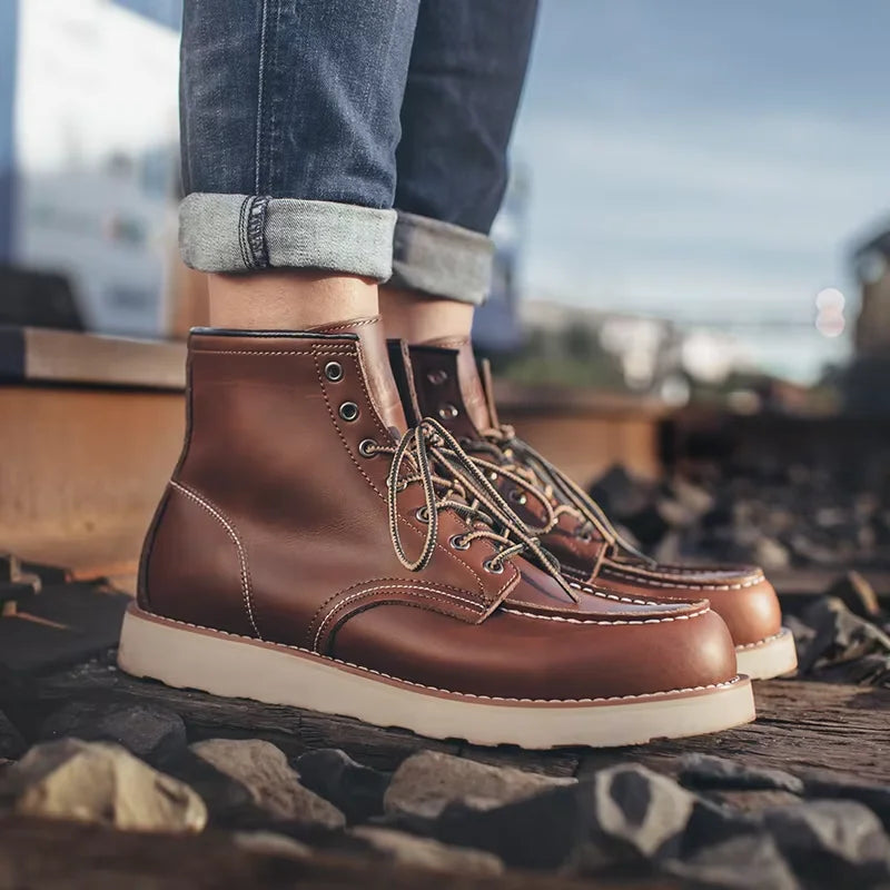 MADEN Herren Vintage Brown Split Leather Boots - Mid-Calf Motorrad- &amp; Arbeitsschuhe, High-Top Schnürstiefel für Herbst und Winter 