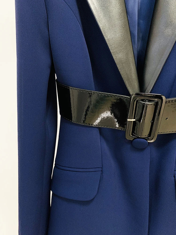 HIGH STREET Designer Damen Lederanzug 2024 – Langer Blazer mit Lederkragen & Gürtel, High Waist Pencil Hose, elegantes 2-teiliges Set