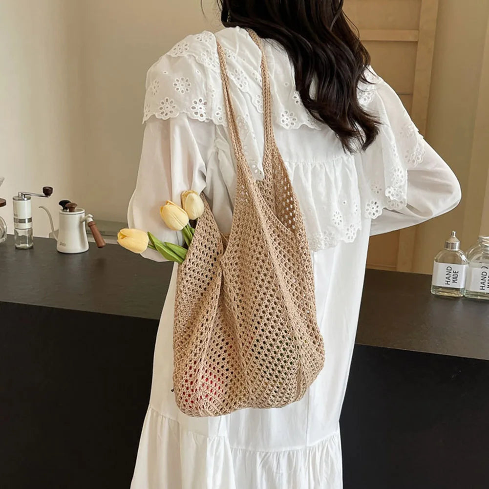Damen Strick-Schultertasche – Große Hobo Bag aus gehäkeltem Mesh für Sommer, Strand & Alltag