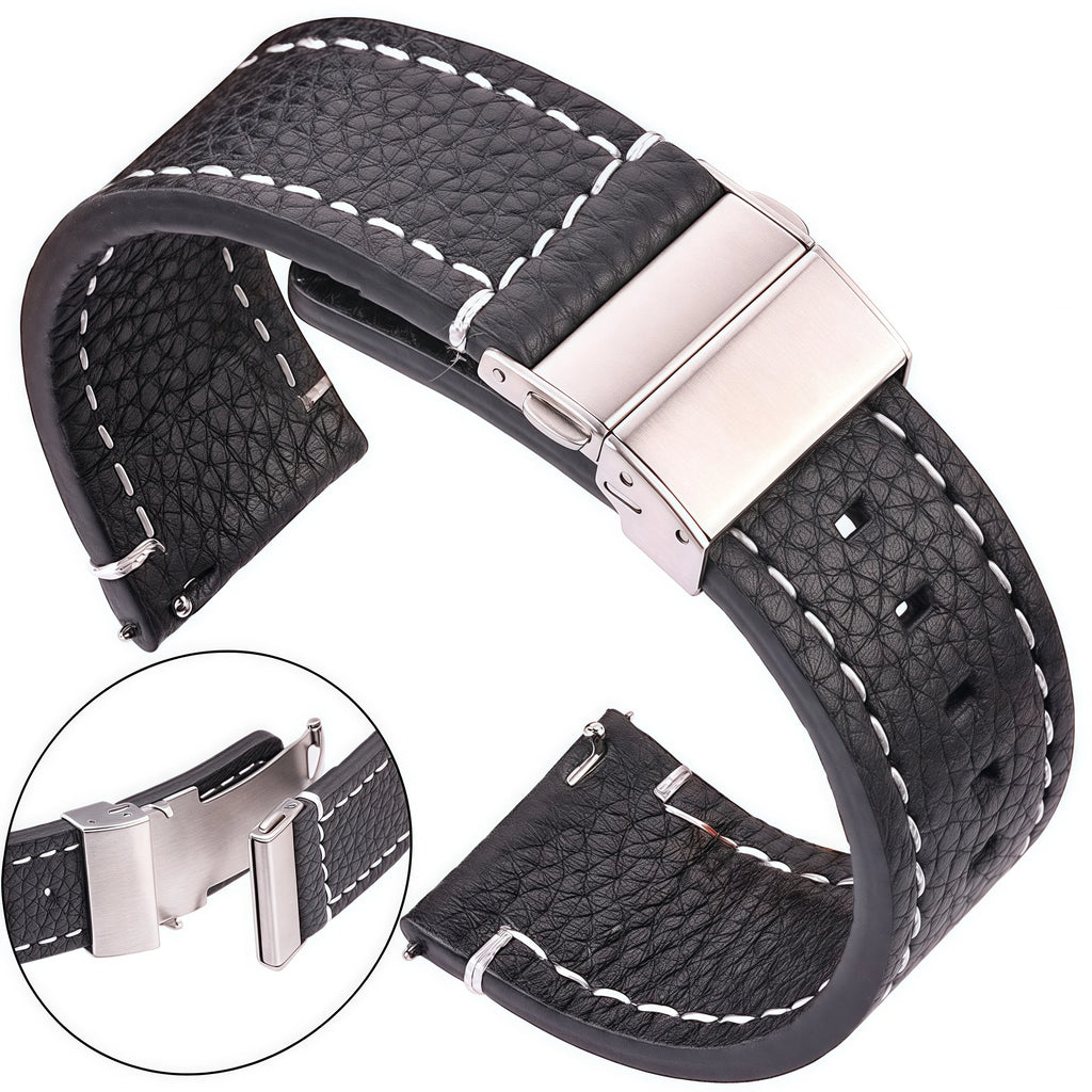 Weiches Uhrenarmband aus echtem Rindsleder – Quick Release Leder Watchband 18 / 20 / 22 / 24 mm mit Edelstahl-Faltschließe für Damen & Herren