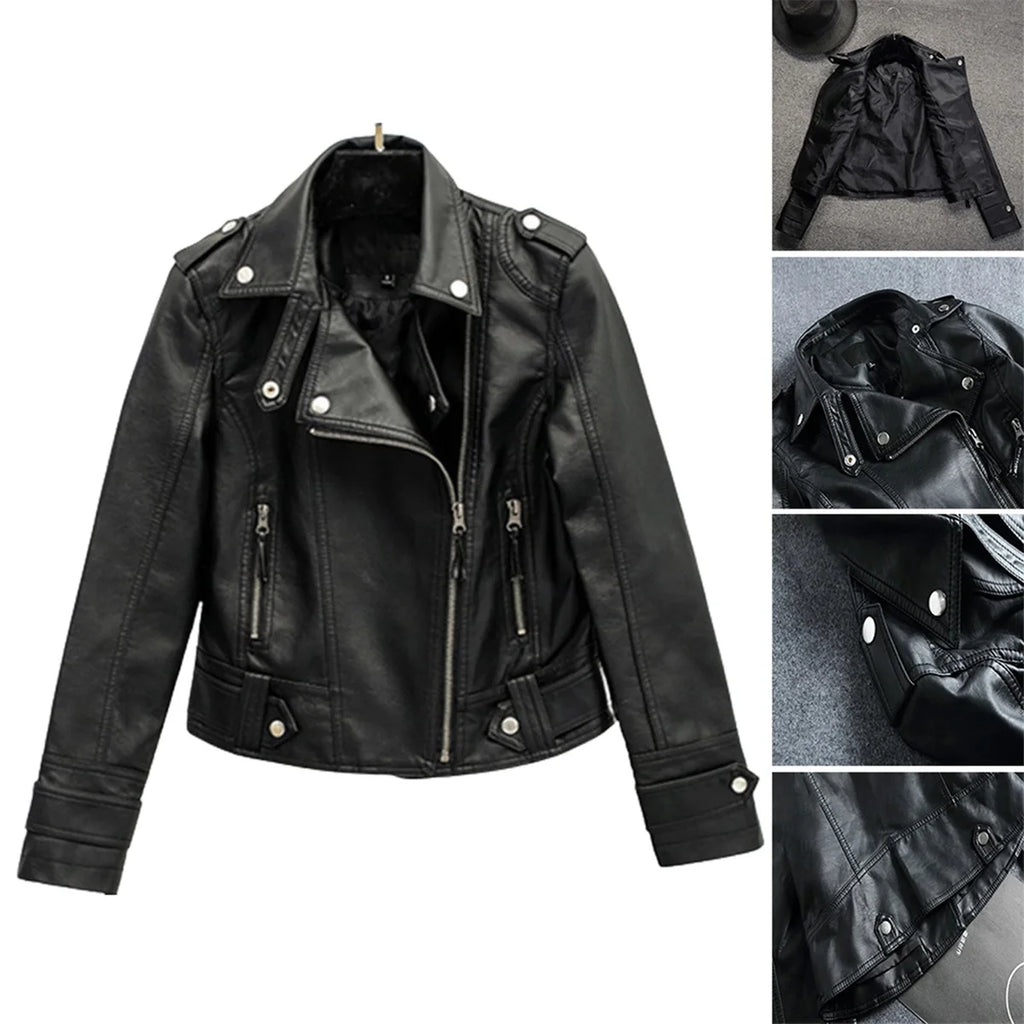 Veste en cuir pour femme dans le style motard – Kurze Streetwear Jacke mit Reverskragen &amp; Reißverschluss, Herbst/Winter 2024 