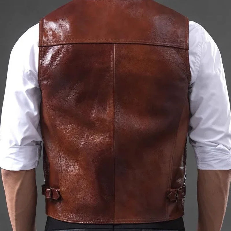 Herren Echtlederweste aus Rindsleder – Retro Slim Fit Weste mit mehreren Taschen, Reise- & Freizeitweste in großen Größen