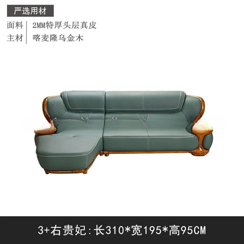 Modernes Luxus Ecksofa aus Echtleder in Schwarz-Gold – Nouveau style chinois Wohnlandschaft mit Massivholzrahmen, Rindsleder Top-Grain