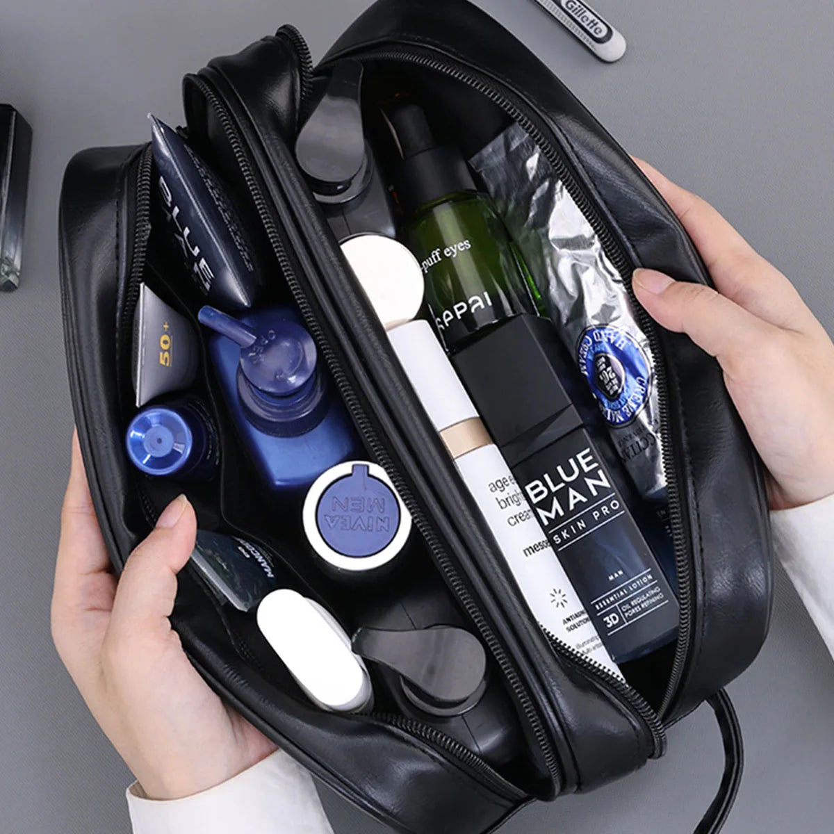 Herren Outdoor Kulturbeutel aus PU-Leder – Faltbare &amp; erweiterbare Reisekosmetiktasche mit großer Kapazität