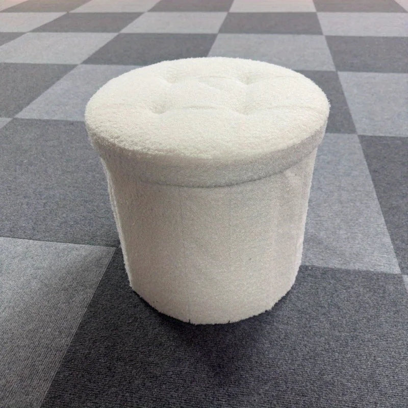 Kreativer runder Teddy-Stoff Hocker mit Stauraum – Weicher Bucket Ottoman & Schminkstuhl für Wohnzimmer & Schlafzimmer