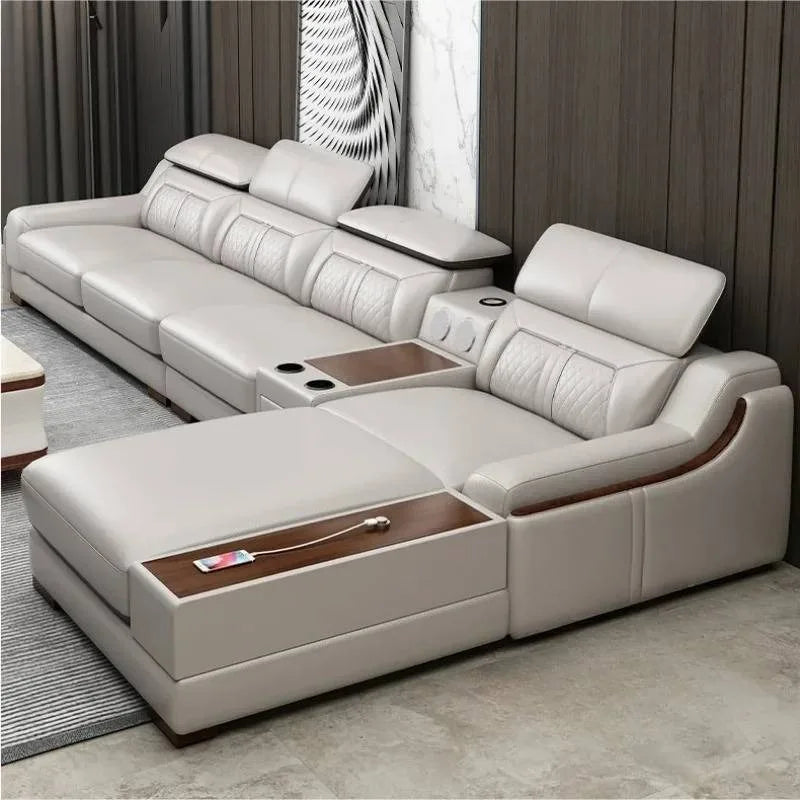 Nordisches Designer Leder Ecksofa – Modernes L-Form Sofa aus echtem Leder mit Relaxfunktion & Stauraum für das Wohnzimmer