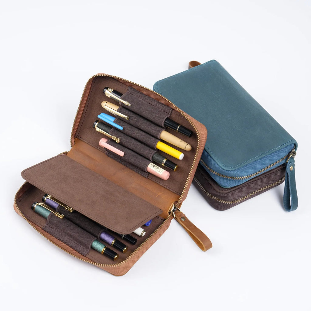 Echte Leder Füllfederhalter-Mappe mit Reißverschluss – Stifteetui mit 10 Fächern & großer Kapazität für Büro & Schule