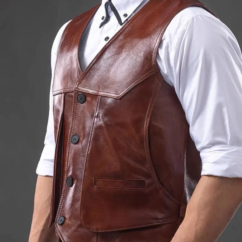 Herren Echtlederweste aus Rindsleder – Retro Slim Fit Weste mit mehreren Taschen, Reise- & Freizeitweste in großen Größen