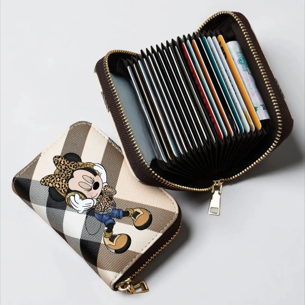 Potdemiel Damen Geldbörse aus PU-Leder – Kurze Wallet mit Reißverschluss, Minnie Karomuster &amp; Leoparden-Design, Kartenfächer in 3 Farben