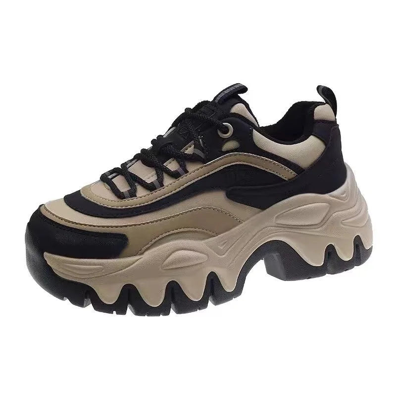 Damen Plateau Sneaker mit dicker Sohle – Modische weiße Schnürschuhe aus PU-Leder, 8 cm höhensteigernde Fashion-Sneakers für Frühjahr & Herbst