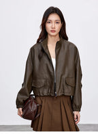 SENTUBILA Damen PU Lederjacke 2025 – Vintage Kurzjacke mit Stehkragen, lockere Kunstlederjacke mit Reißverschluss für Büro & Alltag