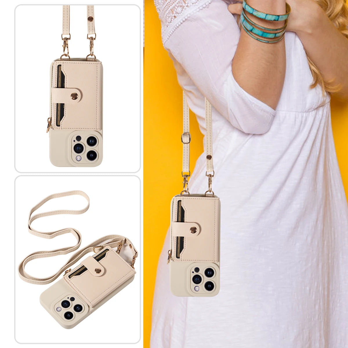 Faux Leder Crossbody Handyhülle für iPhone – Umhängetasche mit Spiegel, Kartenfach & Fallschutz