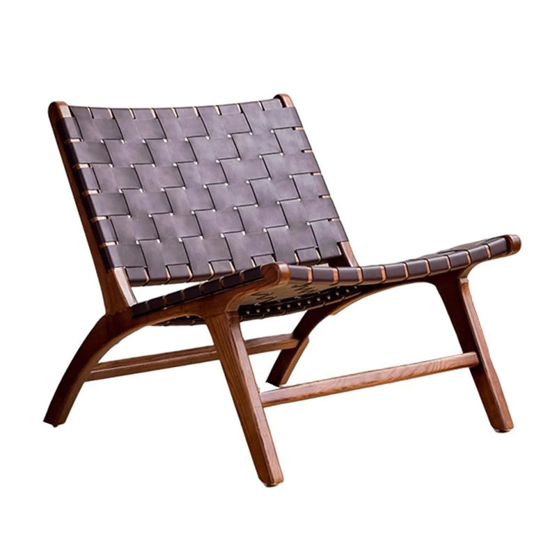 Sattel-Lounge Chair aus Eiche &amp; Rattan – Hochwertiger Freizeitstuhl mit Lederoptik für Balkon, Wohnzimmer &amp; Leisure Area