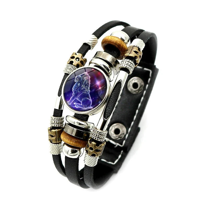 Sternzeichen Lederarmband mit Druckknopf – Zodiac Armband mit Glas-Cabochon für Damen & Herren, 12 Sternzeichen Unisex Schmuck