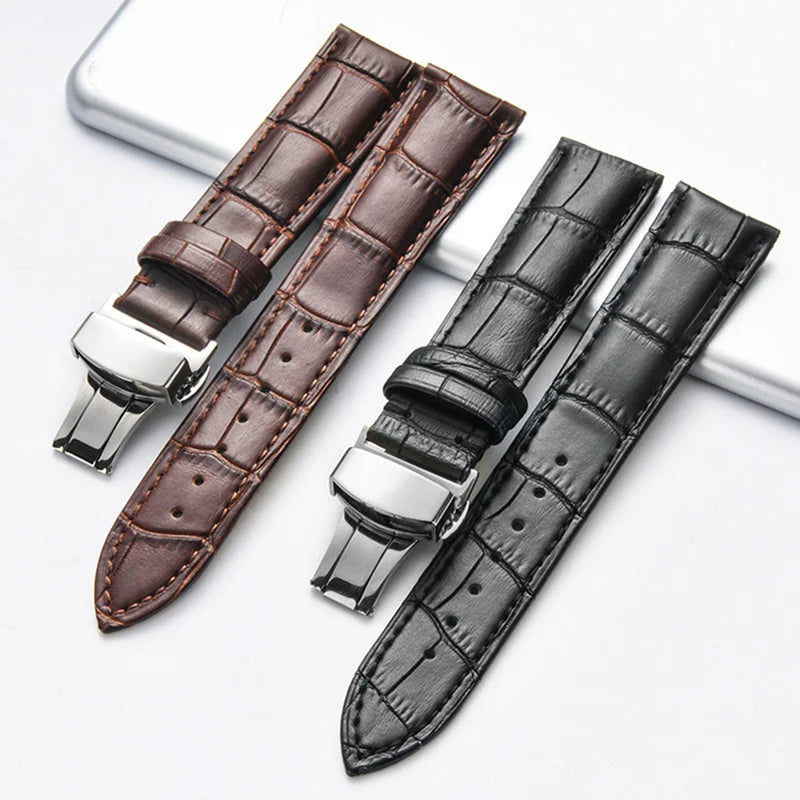 Echtes Leder Uhrenarmband mit Schmetterlingsschließe & Holzbox – Premium Armband 18/20/22/24 mm für klassische Armbanduhren