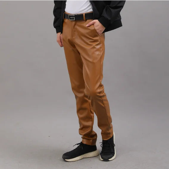 Herren Stretch PU Lederhose im Biker-Stil – Modische Pencil Pants in Gold, Rot, Blau, Schwarz, Weiß & Silber (Gr. 28–40)