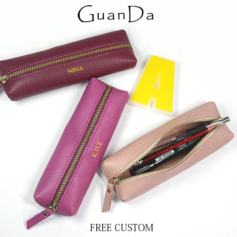 Personalisierte Leder Stifteetui aus echtem Rindsleder – Wasserdichte Reißverschluss-Stifttasche mit Namensgravur