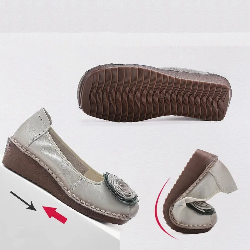 Lorilury Damen Leder Flats 2024 – Handgefertigte Blumen-Ballerinas aus echtem Rindsleder, Retro Wedged Loafers, Weiche Dressy Moccasins