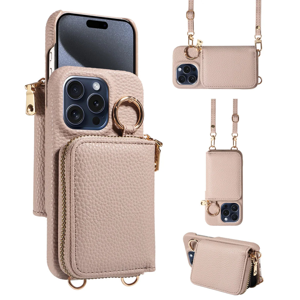 Hochwertige Faux-Leder Umhänge-Handyhülle für iPhone 16e 16 15 14 13 12 11 Pro Max – Crossbody Wallet mit Kartenfach, Stoßfest & Anti-Degaussing