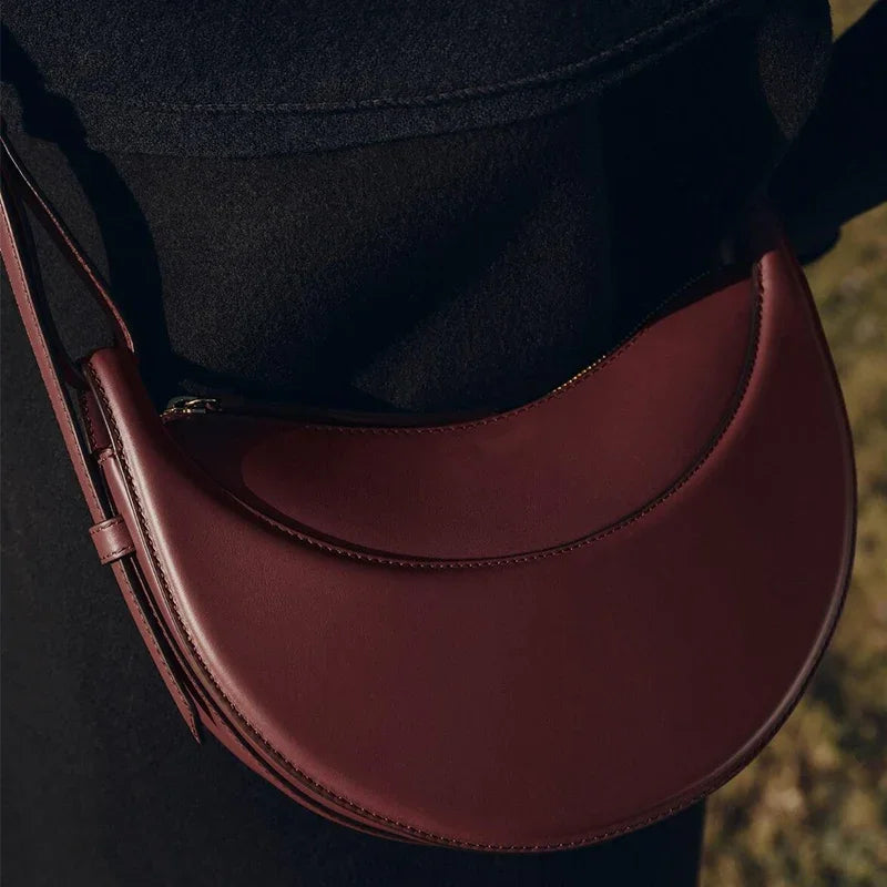2025 Französische Echtleder Damen-Schultertasche – Halbmond-Crescent Bag mit Reißverschluss, Trendige Crossbody Tasche