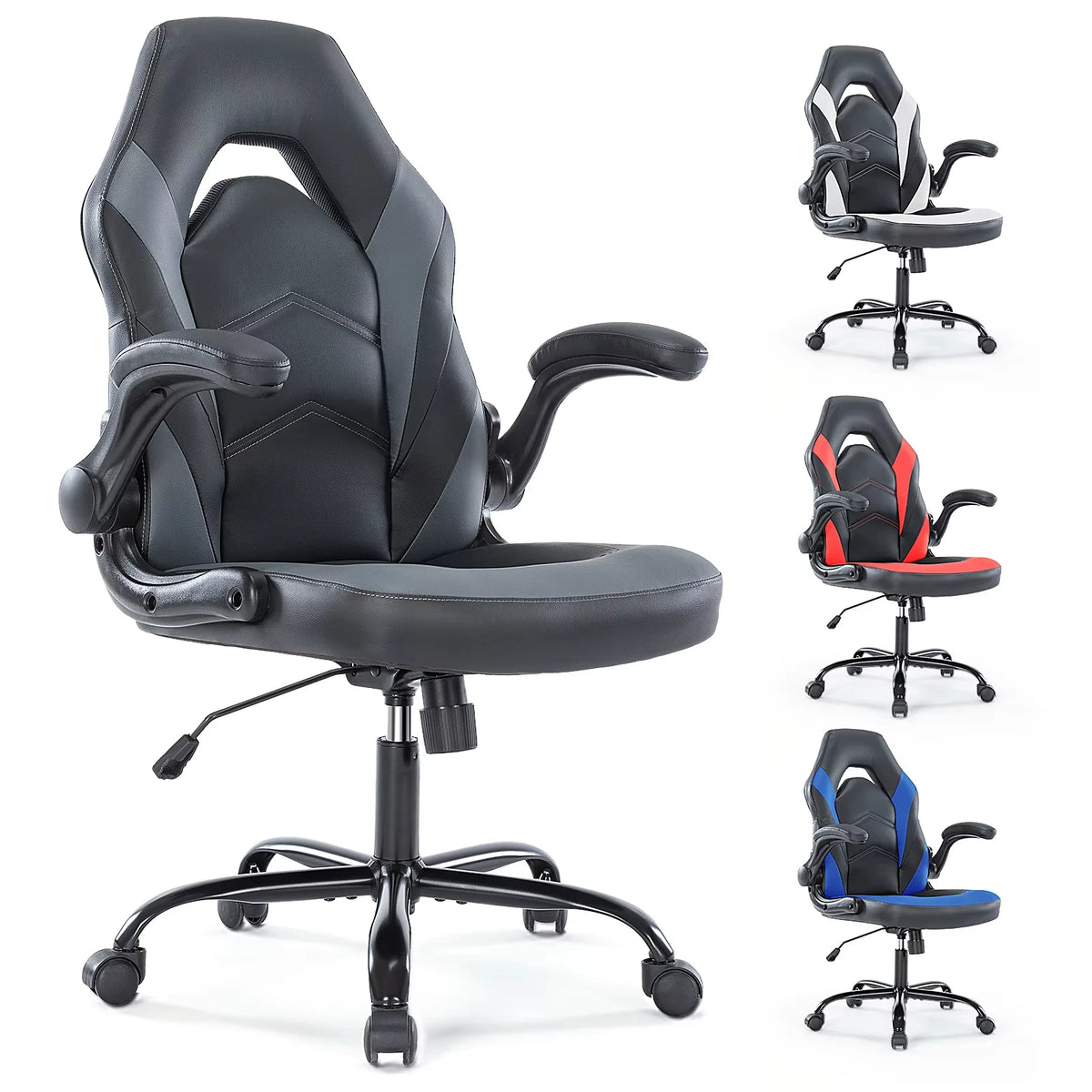 JHK Ergonomischer Bürostuhl & Gaming Chair aus PU-Leder – Höhenverstellbarer Racing Drehstuhl mit klappbaren Armlehnen für Homeoffice & Computer