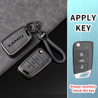 Premium Autoschlüssel Hülle aus Metall &amp; Leder für Skoda Kamiq - Faltbares Keyless Key Case Cover mit Schlüsselanhänger