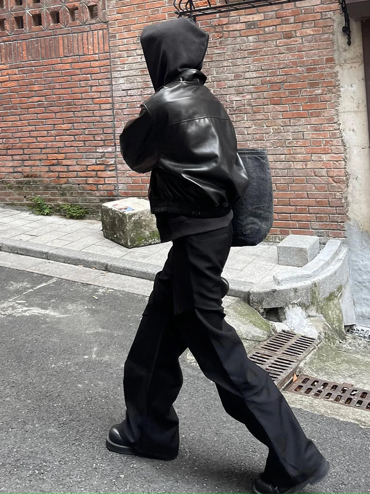 Herren PU-Lederjacke Oversized – Kurze schwarze Designer Jacke mit Reißverschluss, American Vintage Style für Frühling & Herbst