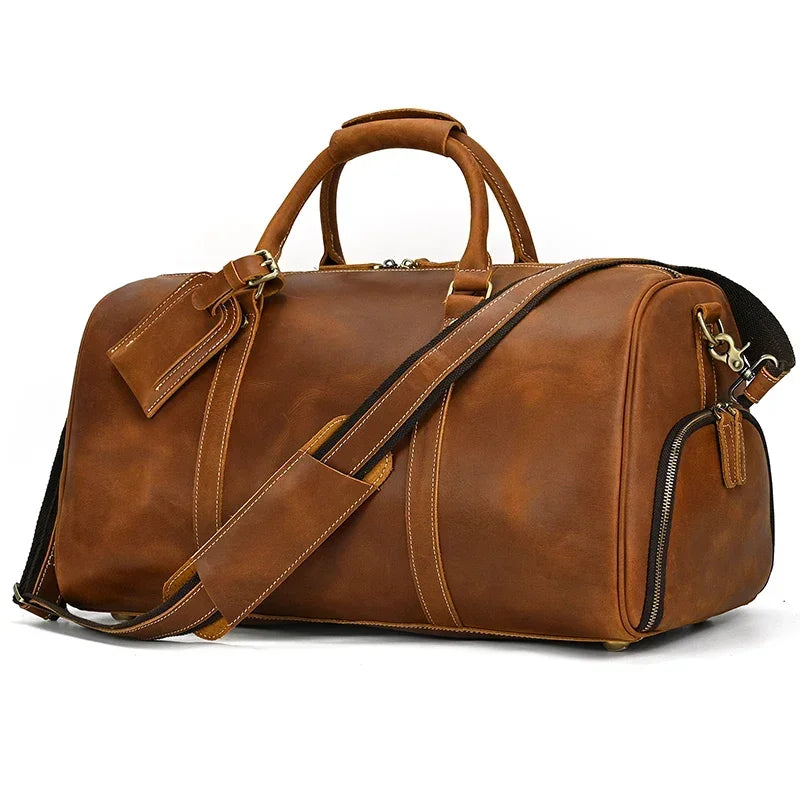 Vintage Reisetasche aus echtem Leder 52 cm - Große Crazy Horse Cowhide Travel Duffle mit Schultergurt, hochwertige Wochenendtasche für Herren 