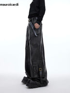 Herren PU Lederhose Wide Leg 2024 – Extra lange, locker geschnittene Vintage Kunstlederhose im Distressed Look für Frühling & Herbst