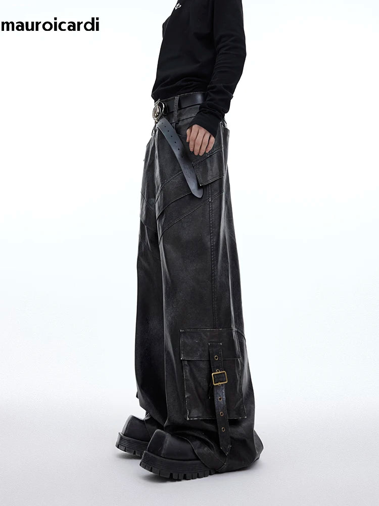 Herren PU Lederhose Wide Leg 2024 – Extra lange, locker geschnittene Vintage Kunstlederhose im Distressed Look für Frühling & Herbst