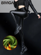 BIVIGAOS Damen Samt PU Leder Leggings – High Waist, warm gefüttert, matte Lederoptik & Slim Fit für Herbst und Winter