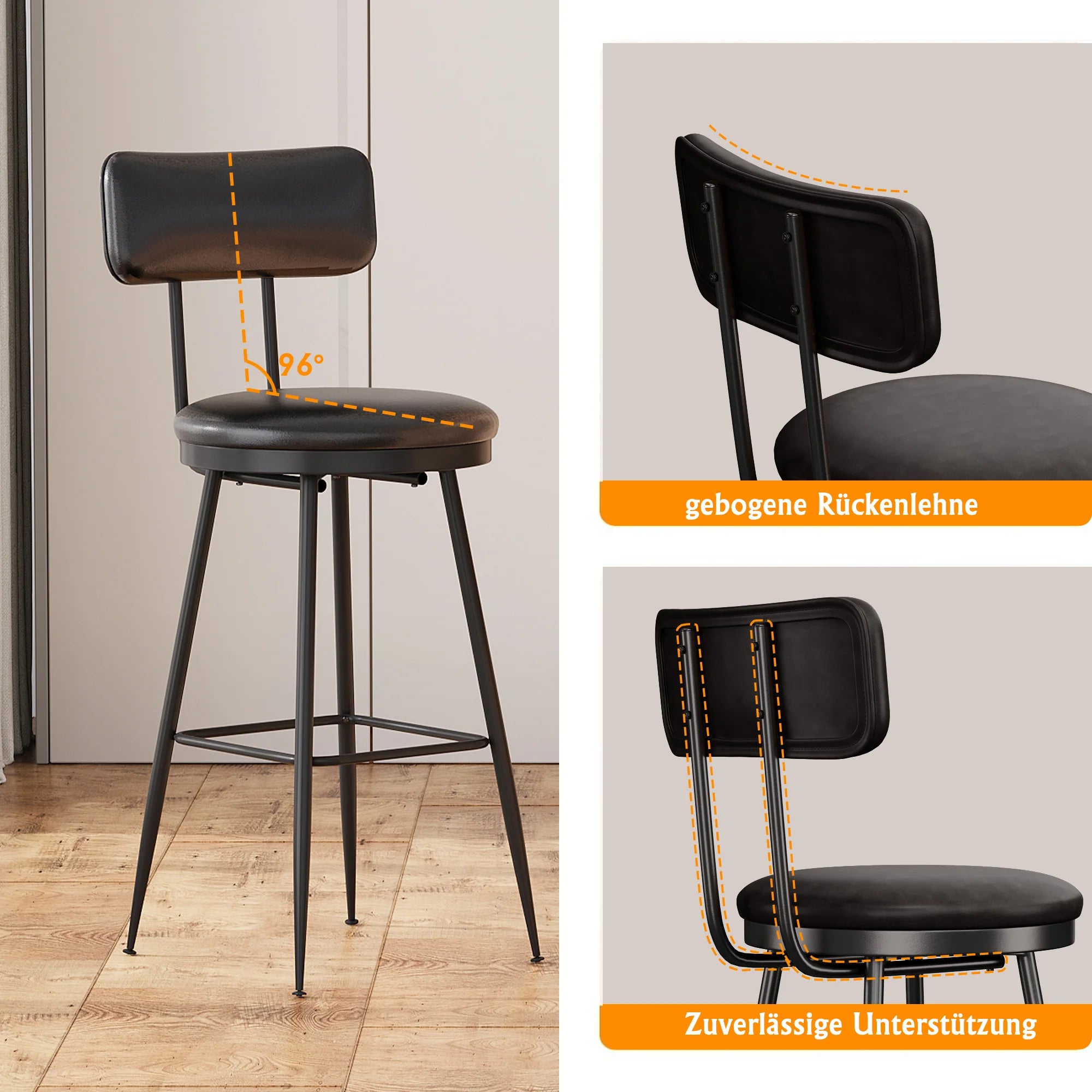 Comanlai Barstühle 2er Set – Hohe Barhocker mit Rückenlehne aus PU-Leder, moderne Küchen- & Barstühle mit Metallbeinen in Schwarz